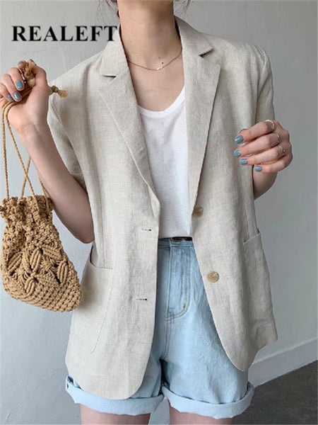 REALEFT Summer Cotton and Linen Women's Blazer 2023 Short Sleeve Single Breasted Casual Loose Blazers Outwear Pockets Female