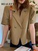 REALEFT Summer Spring Women's Blazer Cotton and Linen 2023 Single Breasted Solid Casual Loose Blazers Outwear Pockets Female