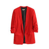 REJINAPYO Women Solid Casual Blazer Coat Pleated Sleeve Notched Collar Withe Pockets Female All-match High Street Outerwear
