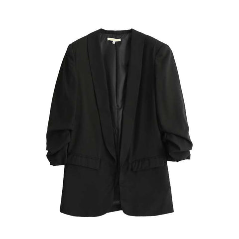 REJINAPYO Women Solid Casual Blazer Coat Pleated Sleeve Notched Collar Withe Pockets Female All-match High Street Outerwear