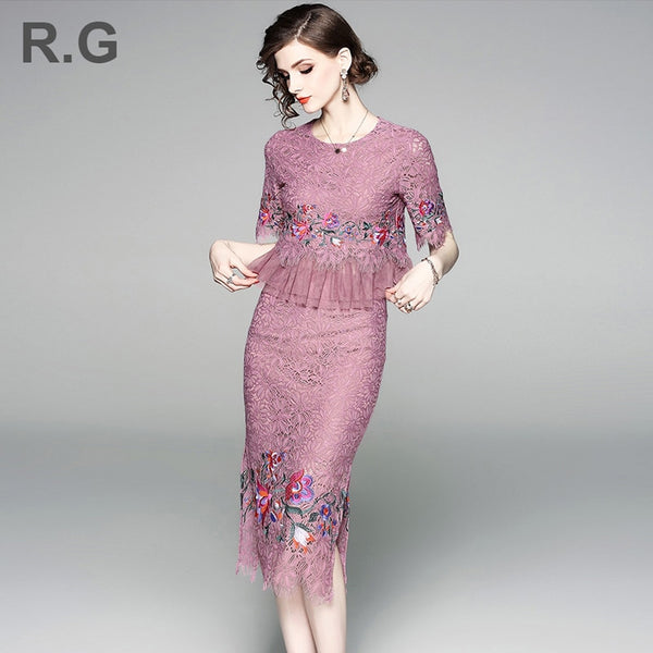 RG Elegant Embroidery Lace Skirt Suits Ruffle Hem Top Plus Size XL Office Work Wear Skirt Suit Set for Women Spring Summer