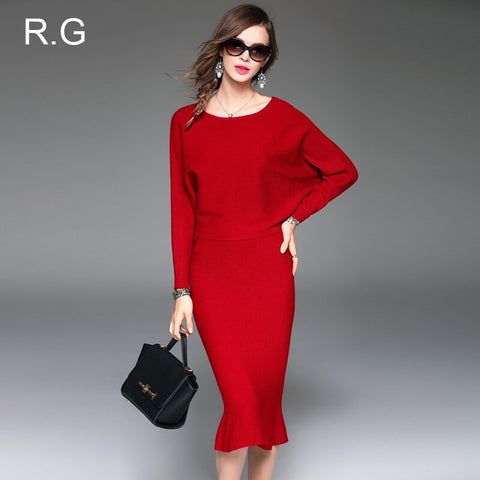 RG Elegant Women Sweater Suit Set Red Gray Knitted Sweater and Ruffle Skirt Sexy Business Office Work Wear 2 Piece Set Suits