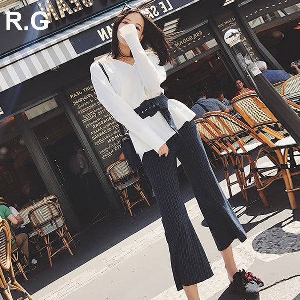 RG Korea Style Blouse Pants 2 Piece Set Business Work Office Wear White Shirt Top Stripe Black Pant Suits Autumn 2023