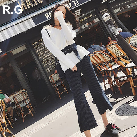RG Korea Style Blouse Pants 2 Piece Set Business Work Office Wear White Shirt Top Stripe Black Pant Suits Autumn 2023