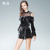 RG Ruffle Pullover Blouse Shorts Set Velvet Lace Patchwork Off-shoulder Sexy Croptop Short Pants Suit 2 Piece Set Spring