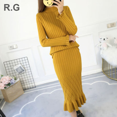 RG Women 2 Pieces Sweater Dress Set Knitting Business Office Work Wear Ruffle Hem Skirt Elegant Sweater Suits Set Autumn Winter