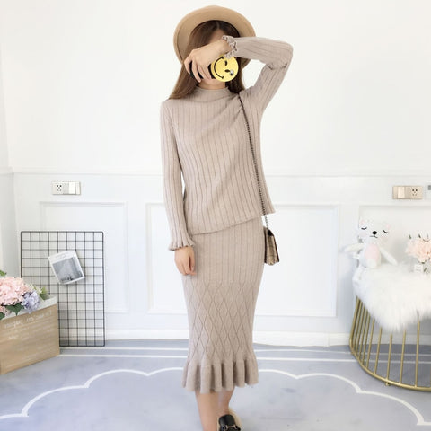 RG Women 2 Pieces Sweater Dress Set Knitting Business Office Work Wear Ruffle Hem Skirt Elegant Sweater Suits Set Autumn Winter