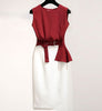 RG Women OL Office Work Wear Skirt 2 Piece Set Wine Red Cotton Linen Sleeveless Crop Top Blouse Ruffle Sashes  White Skirt Suits