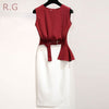 RG Women OL Office Work Wear Skirt 2 Piece Set Wine Red Cotton Linen Sleeveless Crop Top Blouse Ruffle Sashes  White Skirt Suits