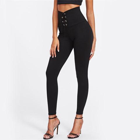 Black Lace Up Empire Leggings Women Sexy Eyelet Slim Fitness Autumn Legging Fashion New Casual Elegant Basic Leggings