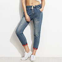 Blue Distressed Drawstring Jeans With Plaid Lining Detail Fashion Spring Casual Pockets Mid Waist Ripped Denim Pants