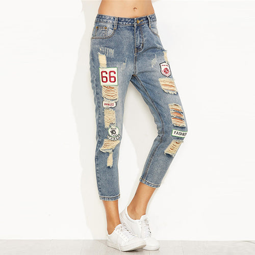 Blue Distressed Ripped Embroidered Patch Jeans Women Casual Ankle Denim Pants Fall Button Fly Cropped Mid Waist Jeans