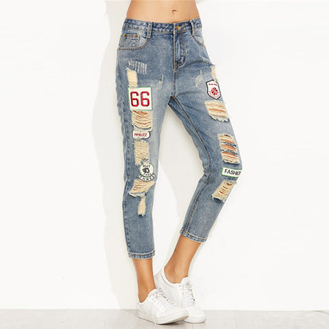Blue Distressed Ripped Embroidered Patch Jeans Women Casual Ankle Denim Pants Fall Button Fly Cropped Mid Waist Jeans