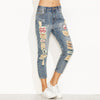 Blue Distressed Ripped Embroidered Patch Jeans Women Casual Ankle Denim Pants Fall Button Fly Cropped Mid Waist Jeans