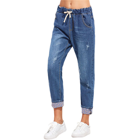 Blue Drawstring Waist Cuffed Jeans Spring Casual Pockets Mid Waist Denim Pants Women Fashion Loose Plain Jeans
