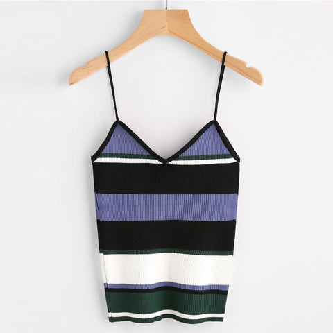 Color Block Ribbed Cami Top 2022 Fall Spaghetti Strap Camisole Multicolor Striped Casual Ladies Top