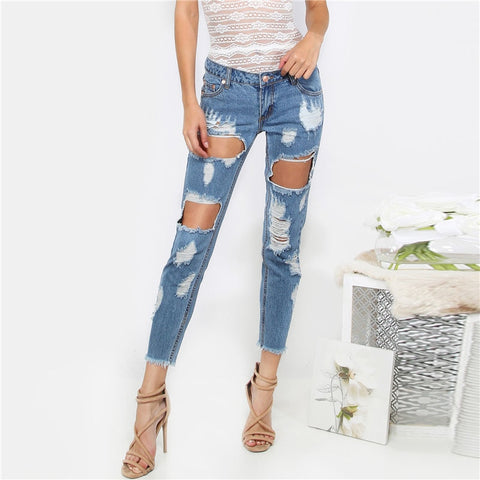 Destroyed Cropped Denim Pants Blue Button Fly Low Waist Cropped Women Trousers 2022 Carrot Ripped Casual Jeans