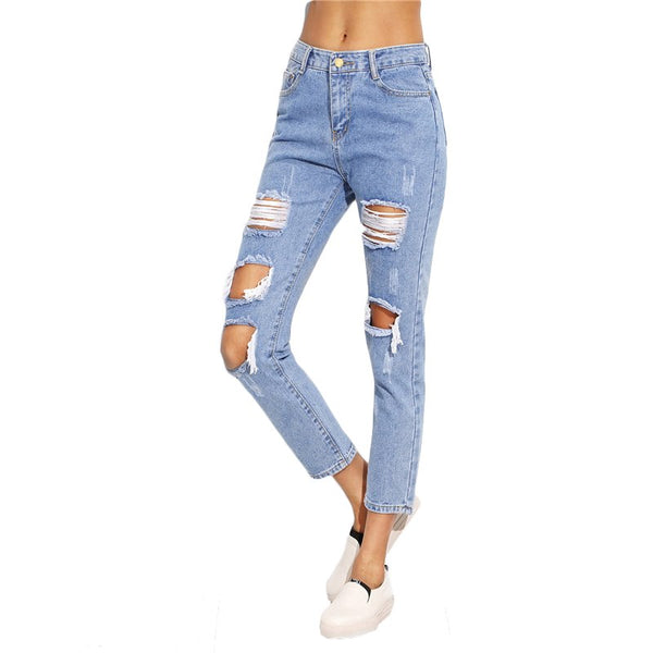 Distressed Ankle Jeans 2022 Spring Blue Patch Ripped Denim Cropped Pants Women Mid Waist Sexy Casual Pencil Jeans