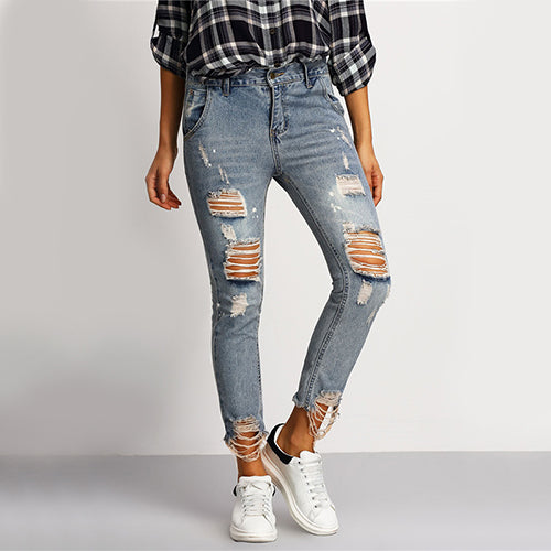 Distressed Skinny Blue Jeans Women Casual Ripped Ankle Denim Pants Fall 2022 Fashion Button Fly Cropped Mid Waist Jeans
