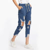 Drawstring Waist Ripped Jeans For Women Blue Extreme Destroyed Casual Crop Denim Pants Fall Tapered Jeans