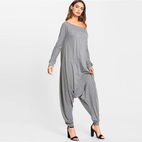 Drop Crotch Jersey Jumpsuit Grey Long Sleeve Mid Waist Loose Women Clothes Asymmetrical Neck Plain Casual Jumpsuit