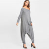Drop Crotch Jersey Jumpsuit Grey Long Sleeve Mid Waist Loose Women Clothes Asymmetrical Neck Plain Casual Jumpsuit