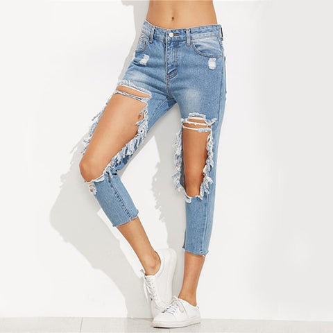 Extreme Distressed Cropped Jeans Women Blue Cut Out Skinny Denim Pants 2022 Autumn Mid Waist Sexy Button Fly Casual Jeans