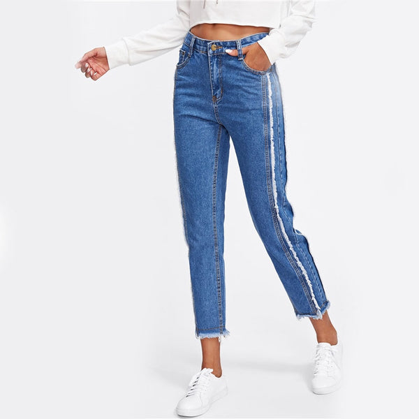Frayed Trim Mid Waist Tapered Jeans Women Blue Casual Denim Cropped Pants 2022 Autumn Zipper Fly Straight Jeans