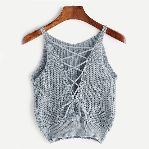 Lace-up Front Crochet Plain Top Ladies 2022 Blue Casual Top Women Autumn Round Neck Knitted Vest