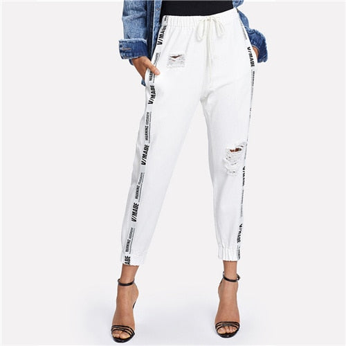 Ribbon Letter Ripped Drawstring Denim Jeans 2022 Summer Autumn Women Beige Mid Waist Regular Female Casual Long Pants