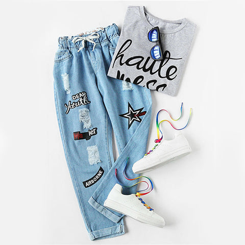 Ripped Cuffed Jeans Women Blue Offset Printing Drawstring Mid Waist Denim Pants Fashion Casual Pockets Cropped Jeans