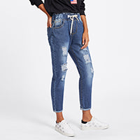 Ripped Cuffed Women Blue Jeans Fashion 2022 Spring Casual Pockets Mid Waist Denim Pants Drawstring Rolled Up Crop Jeans