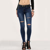 Ripped Denim Slim Denim Blue Pant Mid Waist Pockets Casual Long Pants Navy Autumn Button Fly Skinny Jeans