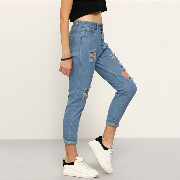 Ripped Straight Leg Jeans 2022 New Arrival Button Fly Mid Waist Casual Jeans Spring Denim Women Trousers