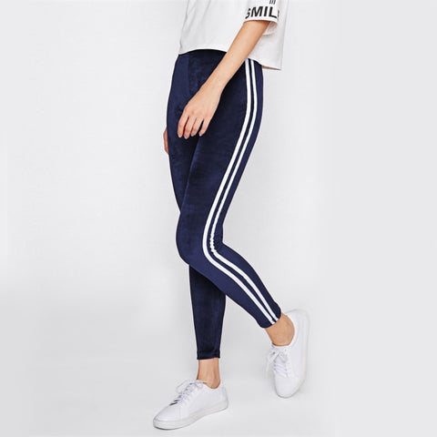 Side Striped Casual Velvet Leggings Women Navy Brief Basic Fitness Winter Pants 2022 Fashion New Workout Slim Leggings
