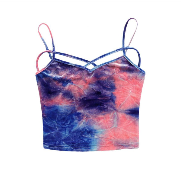 Tie Dye Strappy Velvet Sexy Crop Top Summer V Neck Criss Cross Women Tops 2022 Holiday Slim Spaghetti Strap Camis