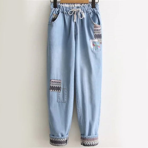 Tribal Pattern Casual Loose Jeans Women Light Blue Drawstring Denim Pants 2022 Autumn Fashion New Mid Waist Vintage Jeans