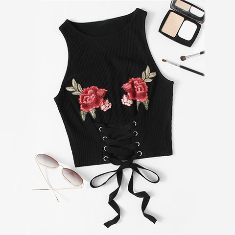 Vintage Lace Up Rose Tank Top Women Embroidery Patch Ribbed Sleeveless Casual Tops 2022 Sexy O Neck Boho Cotton Tank Top