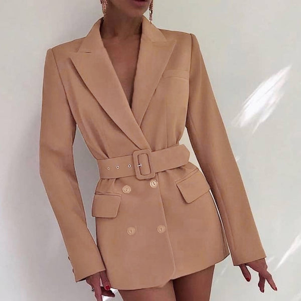 RR Spring Autumn Double Breasted Notched Blazers Women Office Lady Jackets Women Elegant Tie Belt Suit Female Ladies