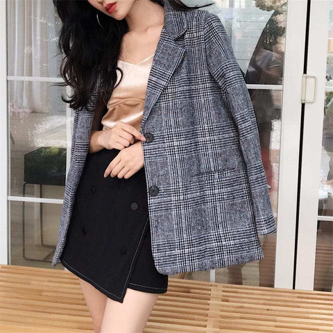 Fashion Autumn Winter Women Blazers And Jackets Vintage Long Sleeve Plaid Female Blazer Pockets Button Feminino