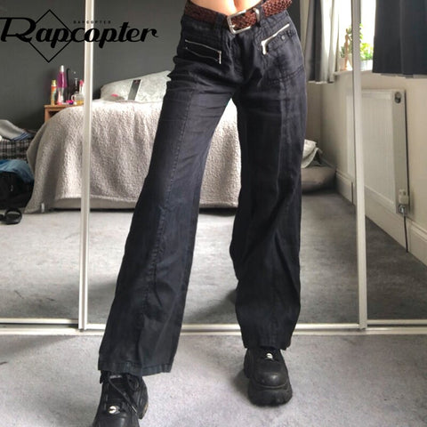 Rapcopter Black Zipper Straight Jeans Vintage Low Waisted Baggy Punk Cargo Trousers Korean Retro Sweatpants Women Grunge 2000s