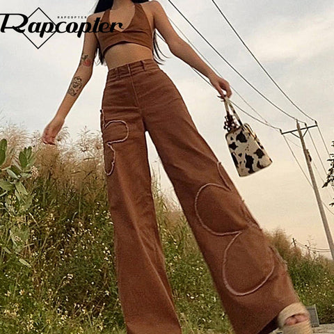 Rapcopter Brown Floral Jeans Y2K Retro Denim Pants Baggy Straight Cargo Pants Women Popular Trousers 90S Harajuku Joggers