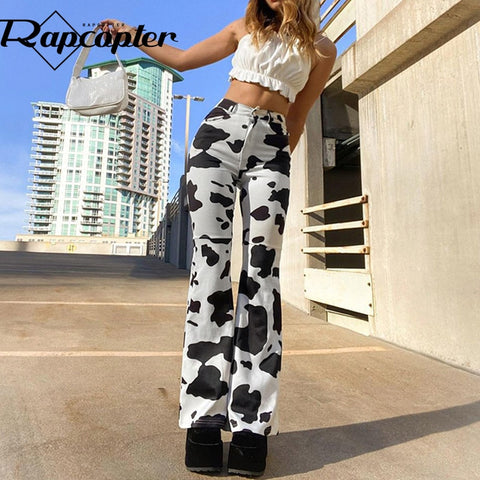 Rapcopter Cow Print Jeans Baggy Straight Cargo Trouser y2k Denim Pants Retro Joggers Women 2022 Mom Jeans Streetwear 90s