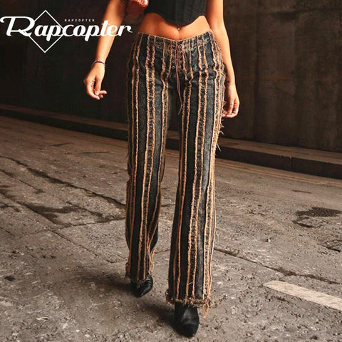Rapcopter Cross Tie Up Jeans Y2K Retro Denim Pants Streetwear Harajuku Cargo Pants Women Patched Tassel Jeans Mom Trousers 90S