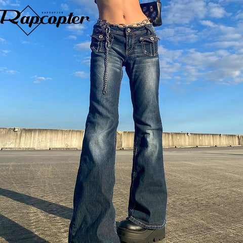 Rapcopter Low Waisted Jeans Pockets Grunge Retro Trousers Zipper Flare Mom Jeans Women Korean Casual Cargo Pants 90s