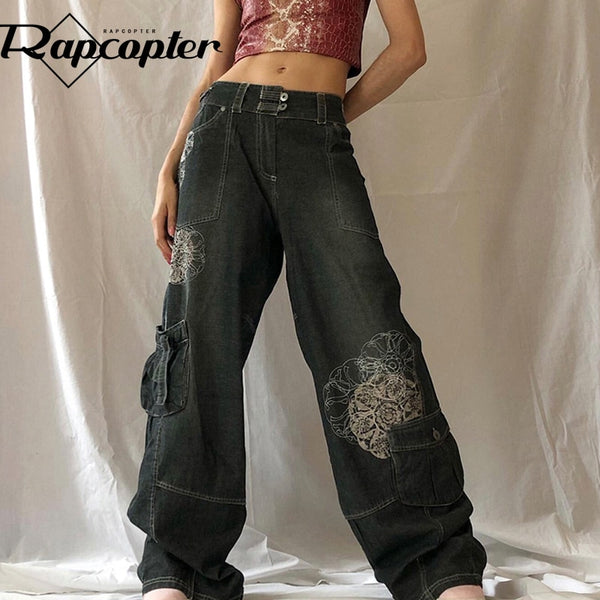 Rapcopter Printed Cargo Jeans Baggy Straight Pockets Pants Retro Trousers Grunge Fairycore Low Waisted Streetwear Joggers Women