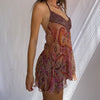 Rapcopter y2k Chiffon Printed Spaghetti Strap Dress Lace V Neck Backless Sexy Mini Dress Boho Frill Cute Short Dress Women Party