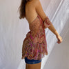 Rapcopter y2k Chiffon Printed Spaghetti Strap Dress Lace V Neck Backless Sexy Mini Dress Boho Frill Cute Short Dress Women Party