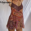 Rapcopter y2k Chiffon Printed Spaghetti Strap Dress Lace V Neck Backless Sexy Mini Dress Boho Frill Cute Short Dress Women Party