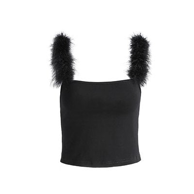 Sexy Solid Color Fur Patchwork Spaghetti Strap Cropped Tops 2022 Backless Streetwear Bralet Camis Bustier Camisole